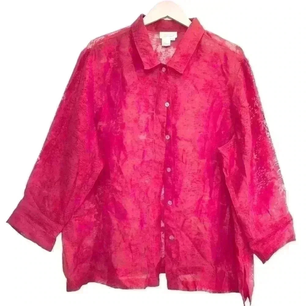 🌈 6/$60, Coldwater Creek Organza, Button Up, Long Sleeve, Sheer Blouse, 2X